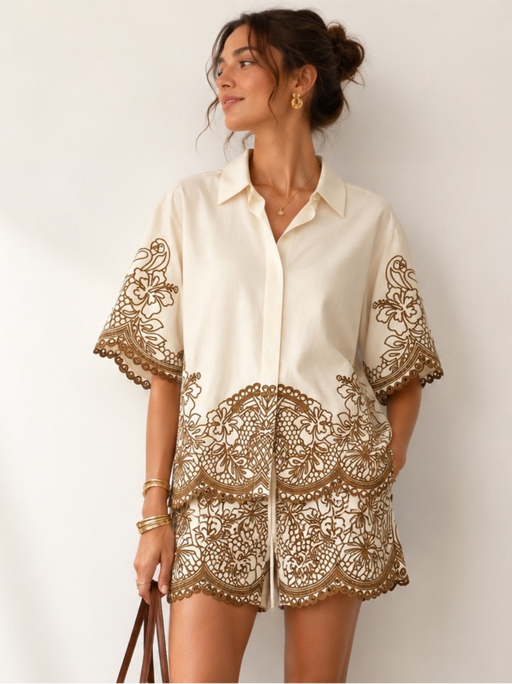 Zimmermann Cream Short Sleeve Embroidered shirt and shorts with Brown Detailing